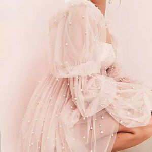 NWOT ASOS LUXE tulle baby doll dress with pearls in blush / peach
